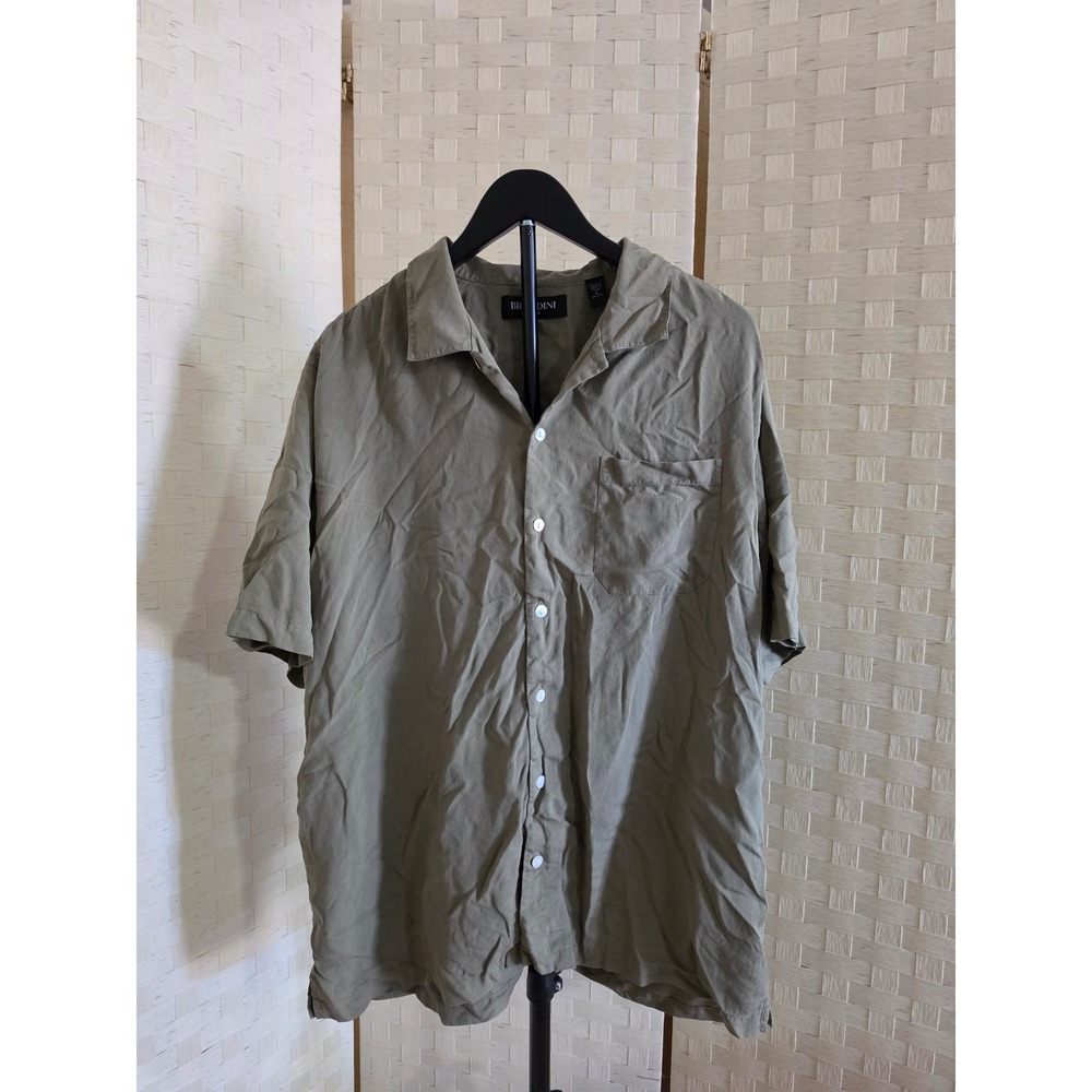 Brandini Pure Silk Shirt Mens XL Olive Green Short Sleeve Button Down Camp Shirt